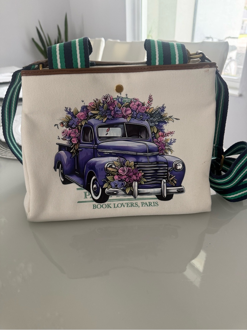 Book Lovers Paris Floral Truck Canvas Crossbody Tote - Purple,